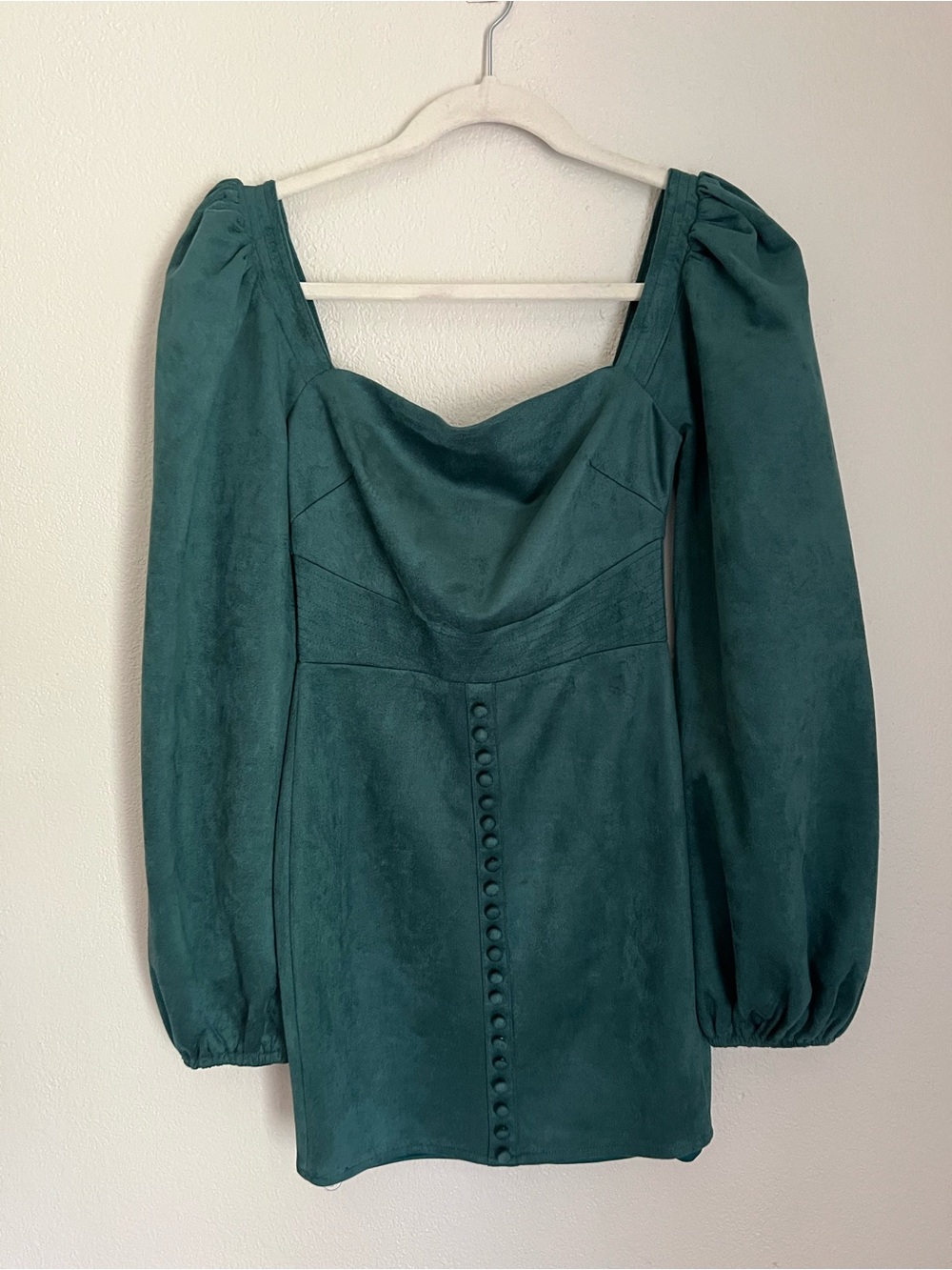 Teal Green Puff-Sleeve Mini Dress with Covered Buttons